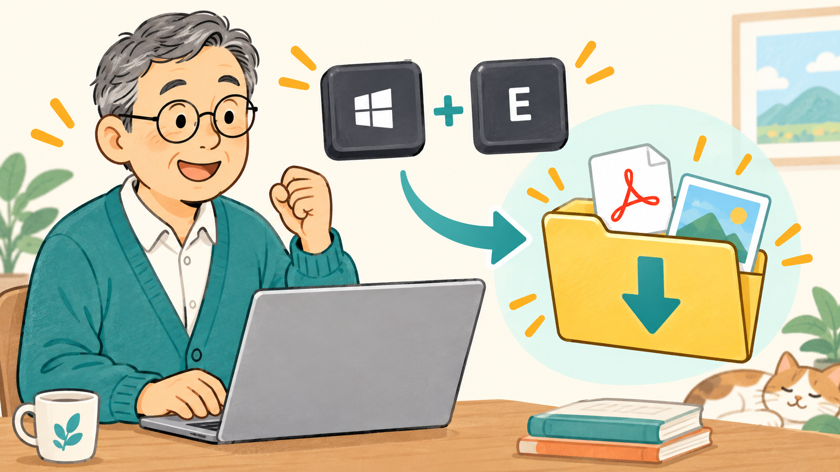 WindowsキーとEキーでエクスプローラーを開きダウンロードフォルダーを探すイラスト