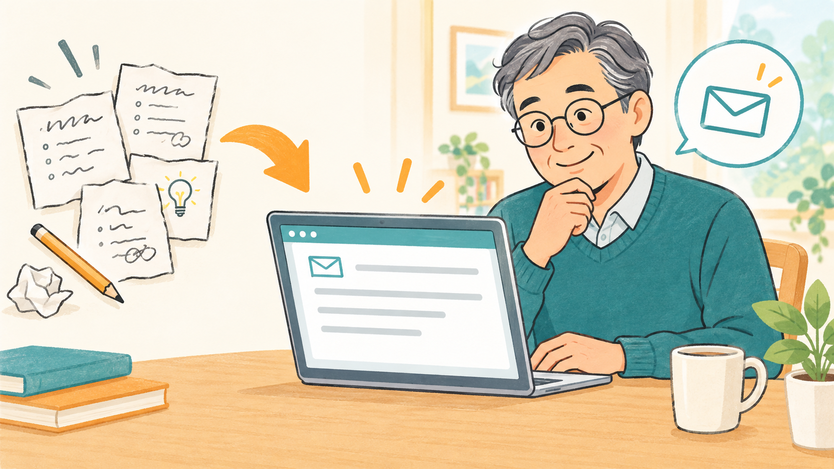 短いメモをメールの下書きに整えるイメージ