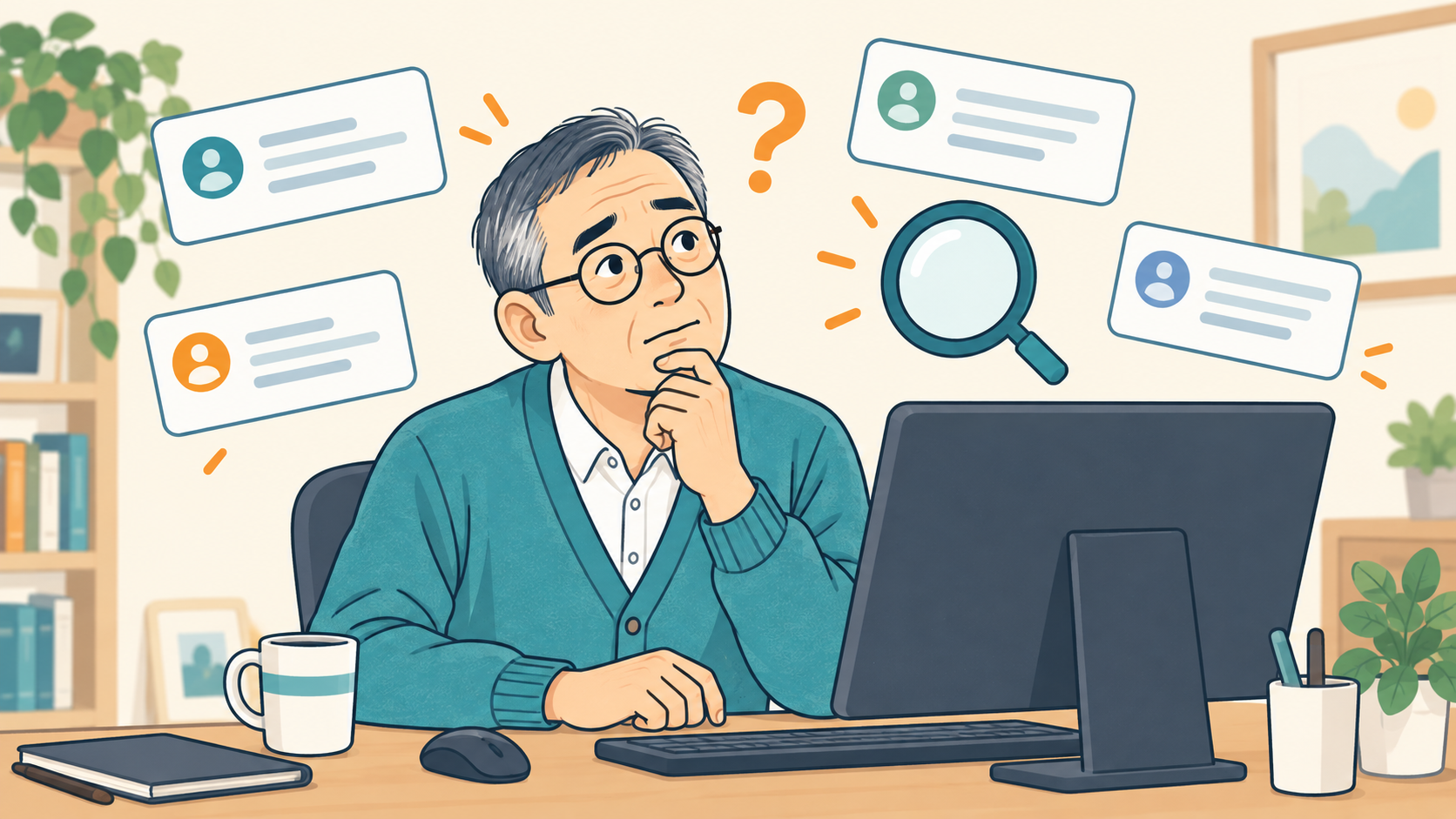 過去の会話が見つからず、パソコンの前で考える男性