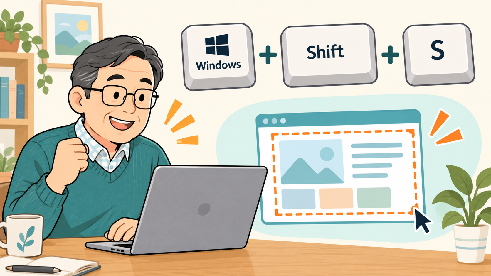 Windows・Shift・Sキーで画面の必要な範囲を切り取るイラスト