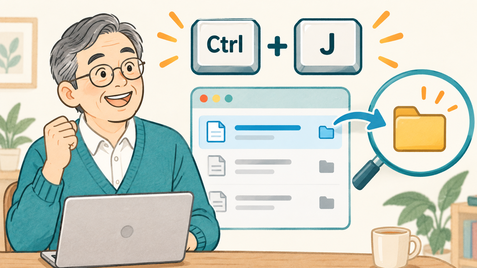 CtrlキーとJキーでブラウザーのダウンロード一覧から保存先をたどるイラスト