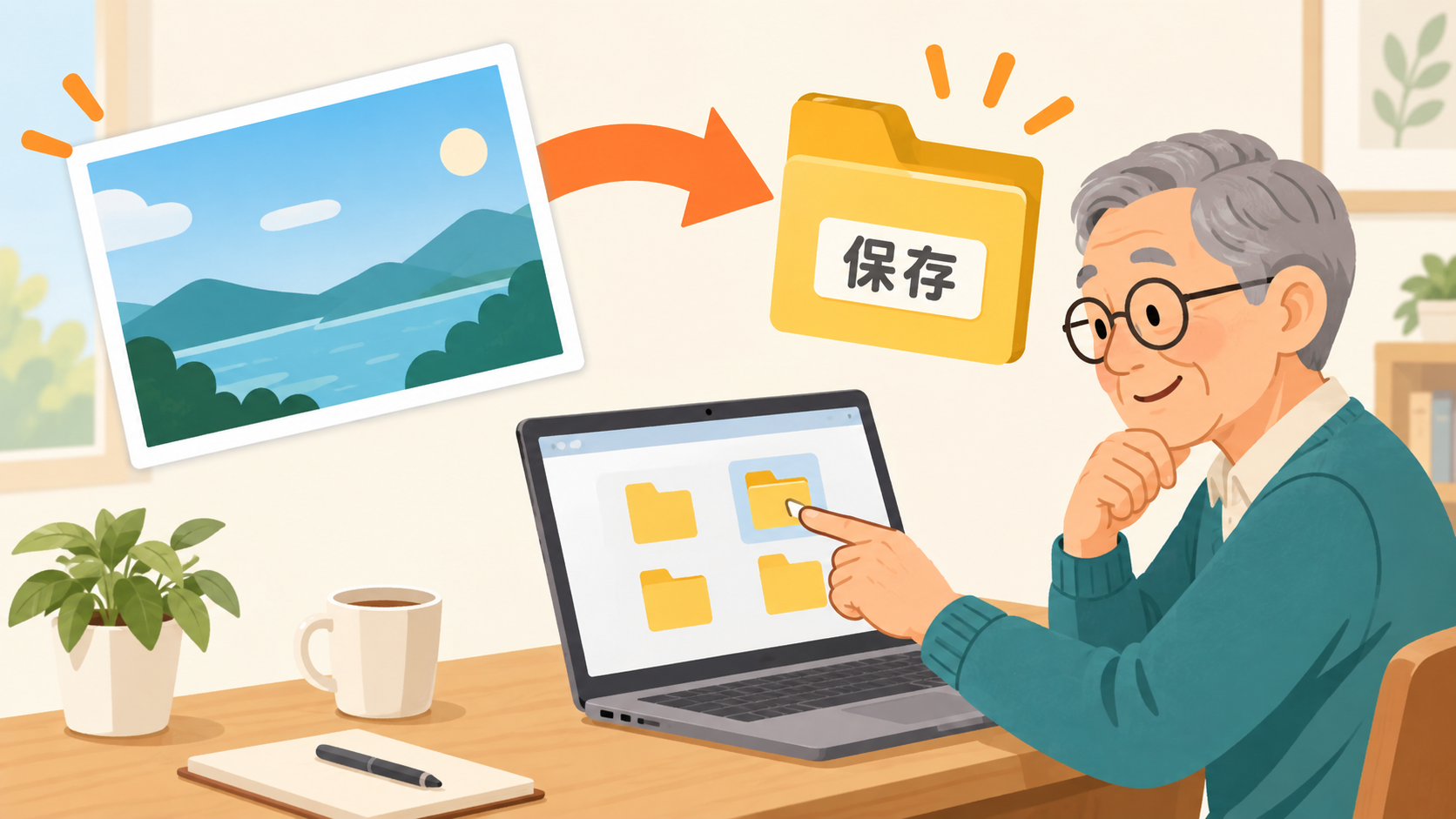 撮ったスクリーンショットを名前を付けてフォルダーに保存するイラスト