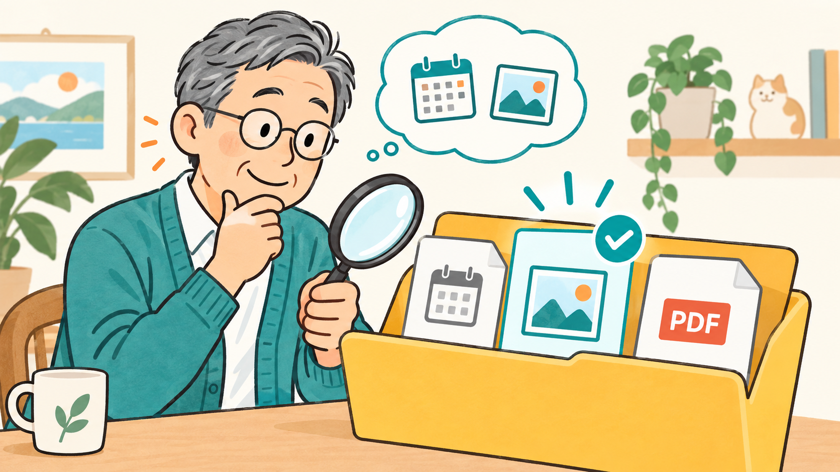 ファイル名や日付、種類を手がかりに目的のファイルを探すイラスト