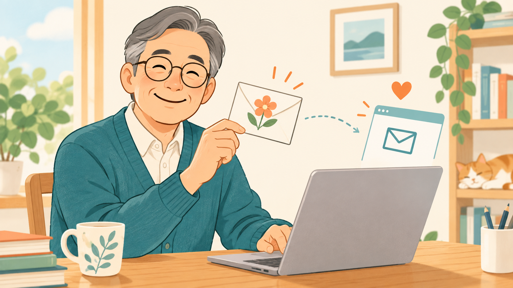 教えてもらったことへの感謝をメールで伝えるイラスト