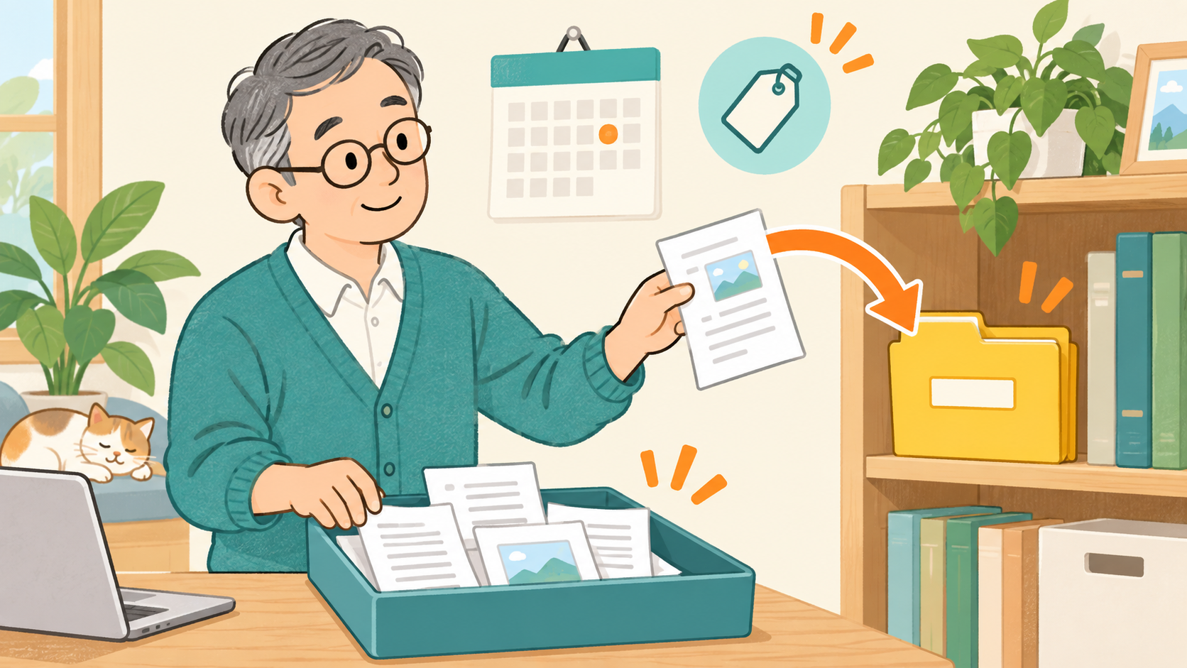 残したい資料の名前と保管フォルダーを決めて整理するイラスト
