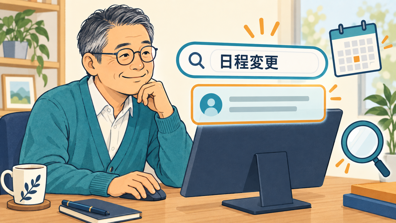 日程変更という検索語で目的の会話を見つけたイメージ