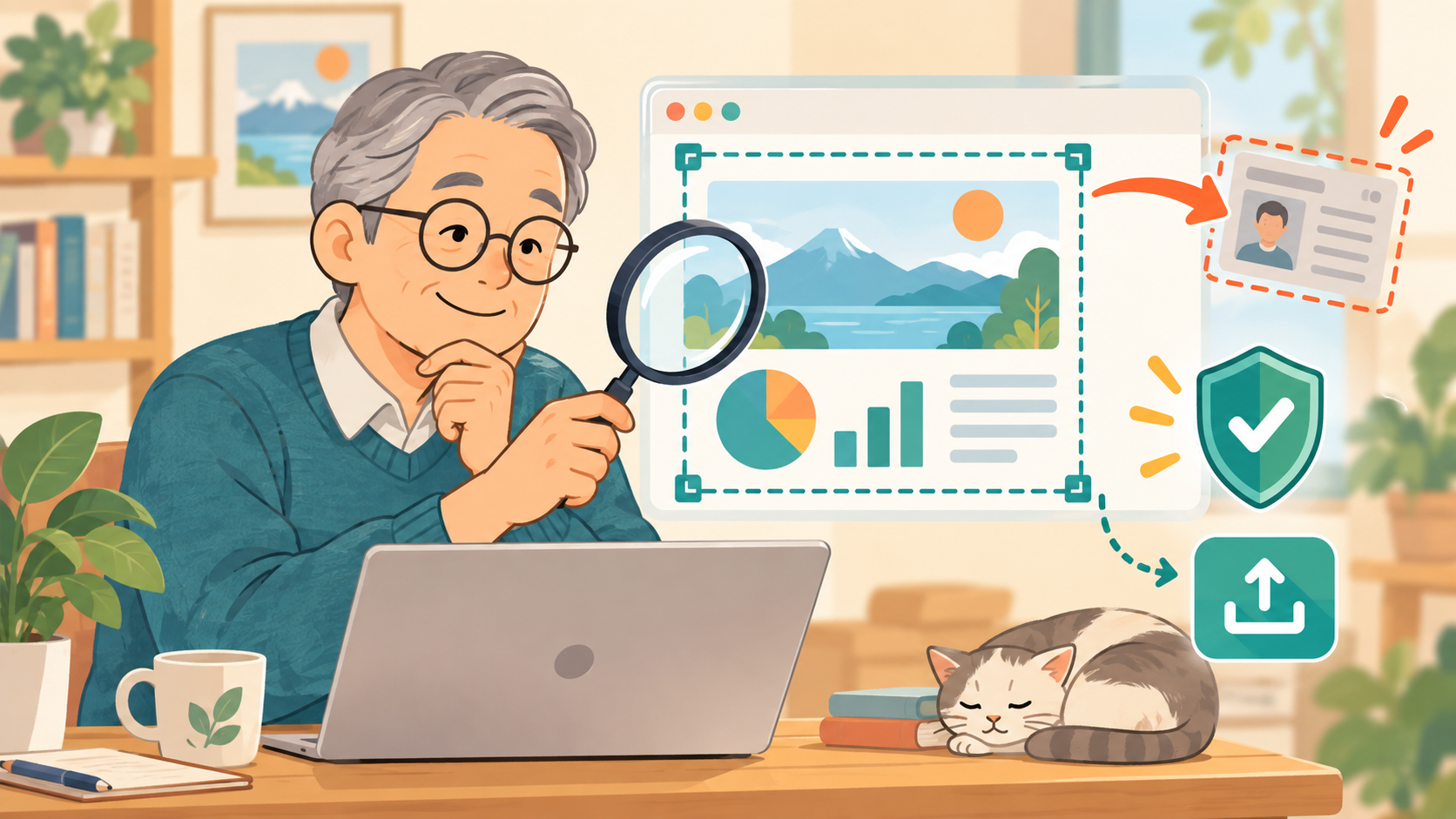 スクリーンショットに不要な個人情報が含まれないか確認するイラスト