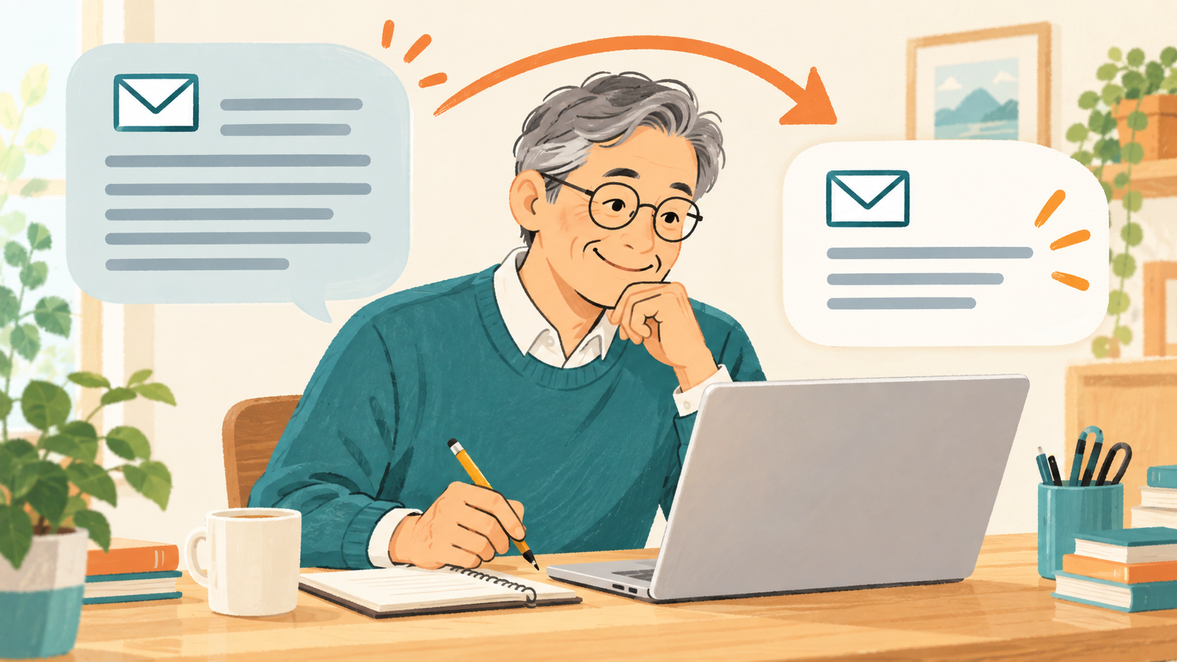 メールの内容を保ちながら短く書き直すイラスト