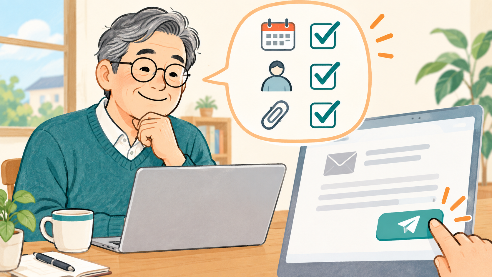 メール送信前に日時・宛先・添付を確認するイラスト