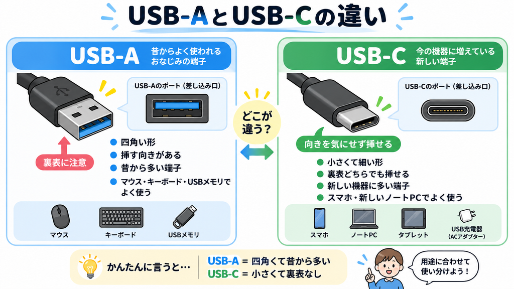 USB-AとUSB-Cの端子の形や違いを比較したイラスト
