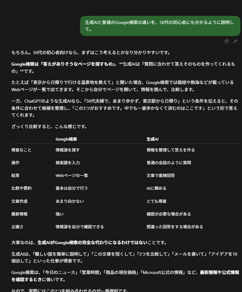 生成AIとGoogle検索の違いを説明するChatGPTの回答