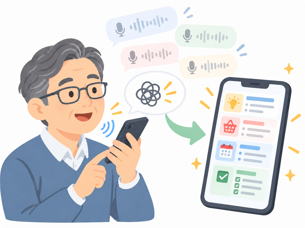 ChatGPTの画面に「整理して」と入力して、メモが表形式になる様子