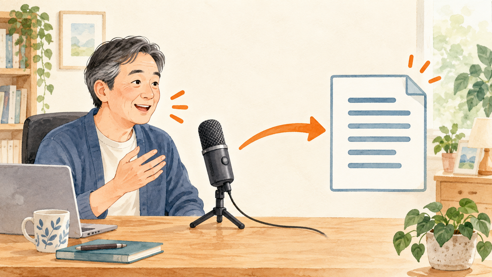 マイクに話して短い文章をパソコンへ入力するイメージ