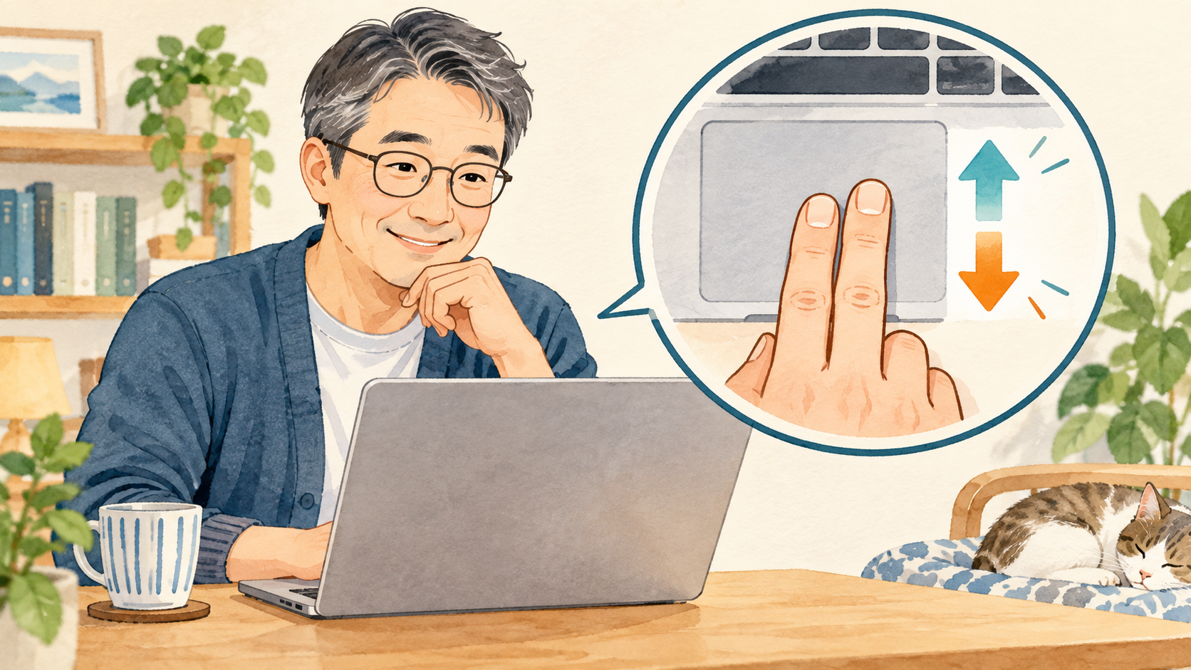 タッチパッドに二本の指を置いてページを送るイメージ