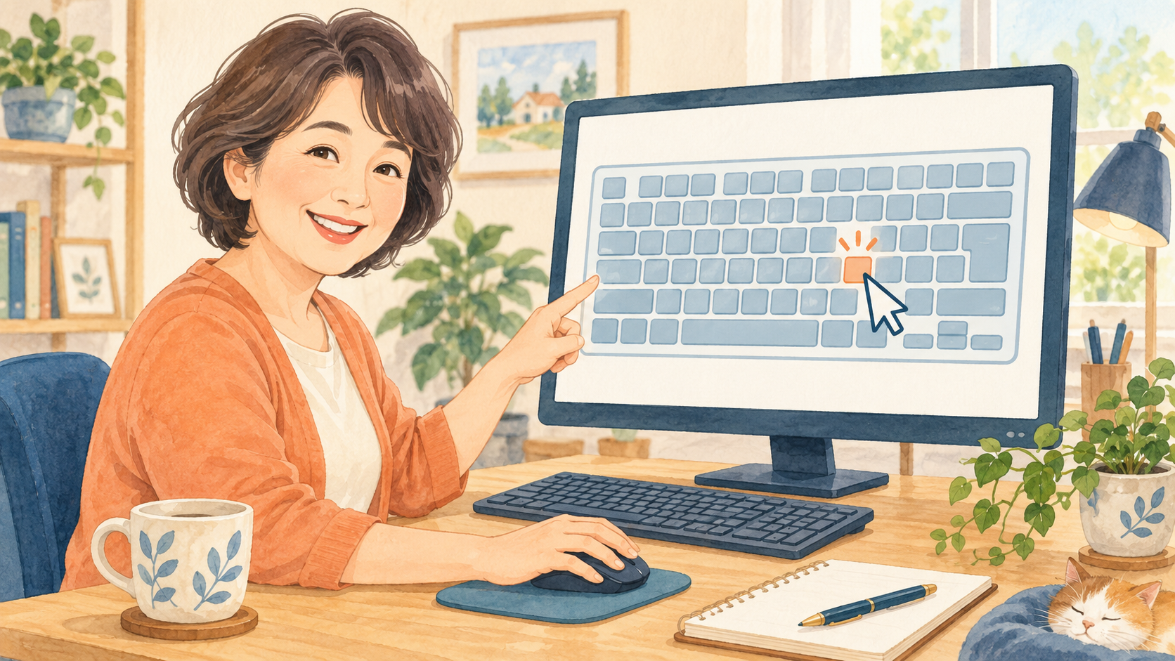 画面に表示されたキーボードのキーをマウスで選ぶイメージ