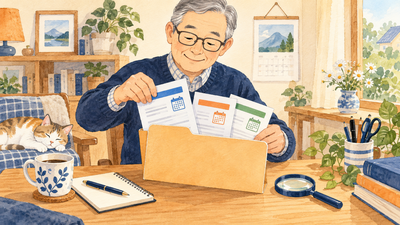 日付や内容の分かるラベルで書類を整理するイメージ