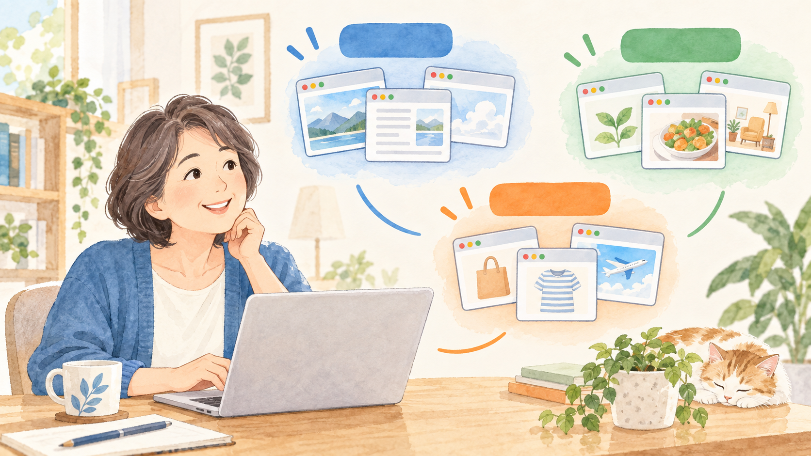 関連するブラウザーのタブを色別のまとまりに整理するイメージ