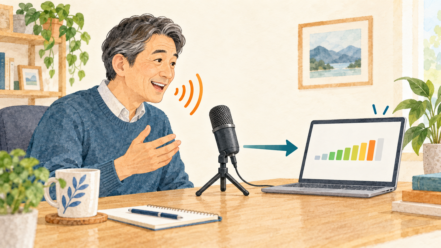 マイクから入った声をパソコンの入力メーターで確認するイメージ