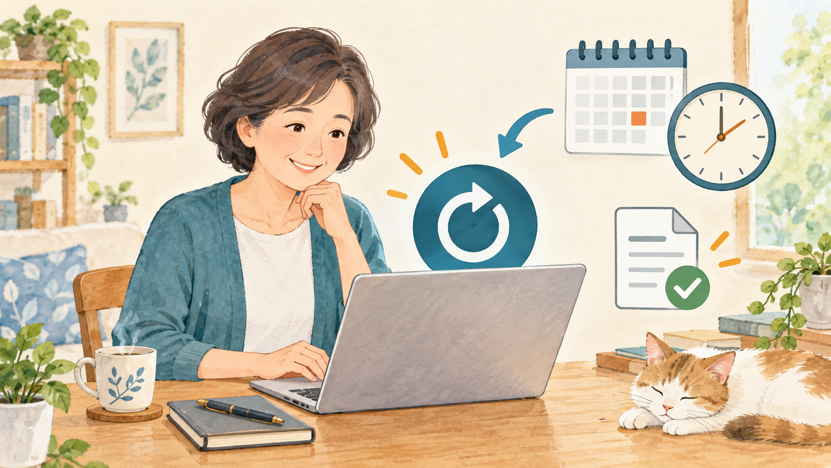 文書を保存してカレンダーと再起動の予定を確認するイメージ