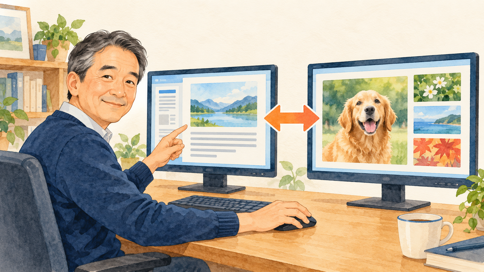 ノートパソコンと外部モニターへ別々の資料を表示するイメージ