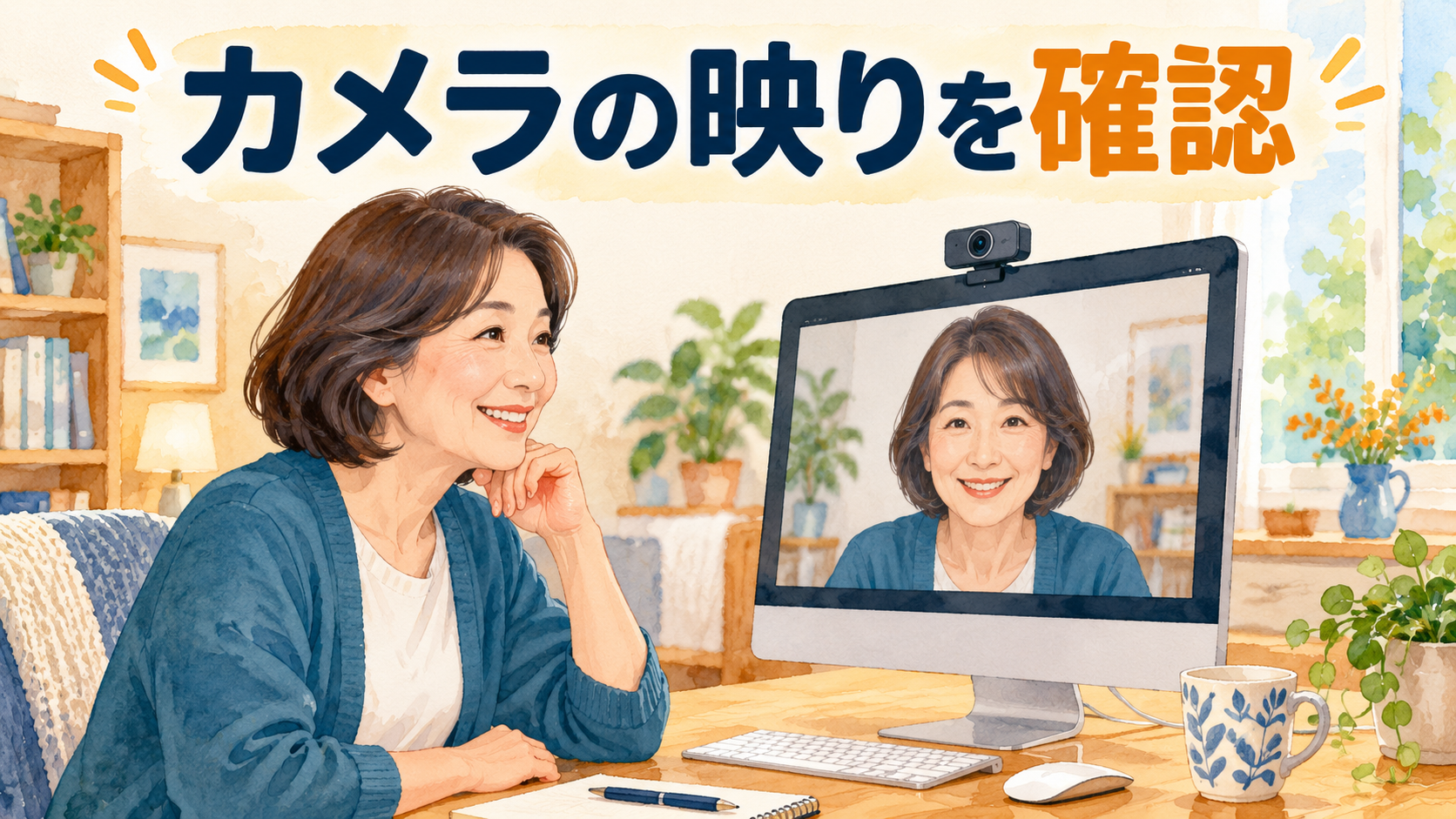 パソコンのカメラで顔の位置や背景を確認するイメージ