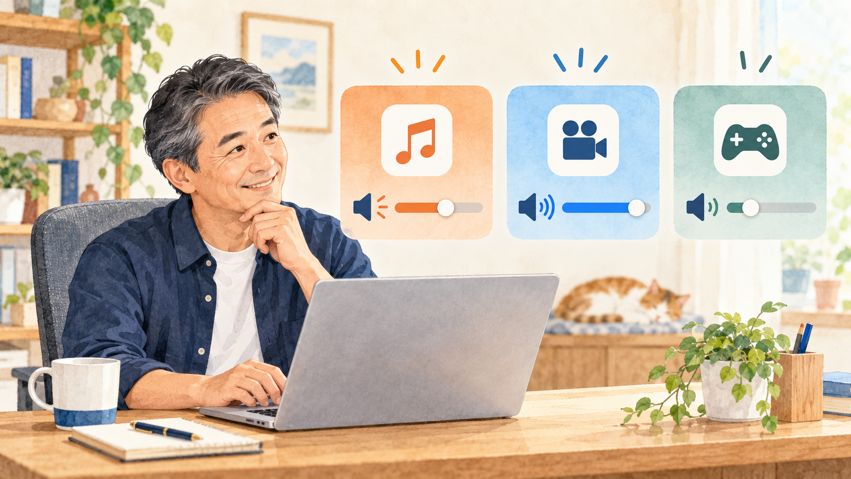 複数のアプリの音量スライダーを別々に調整するイメージ