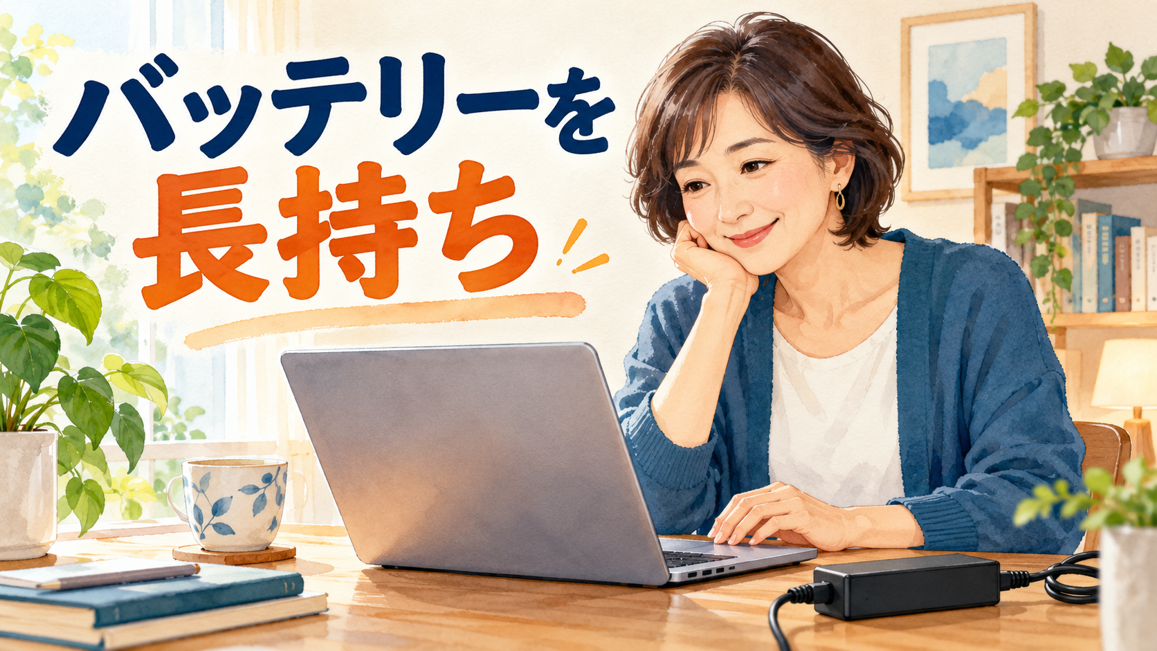 ノートパソコンのバッテリーと明るさを確認するイメージ