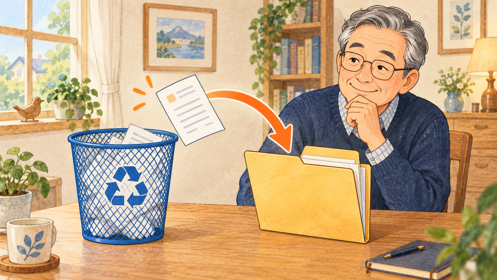 ごみ箱から選んだ書類を元のフォルダーへ戻すイメージ