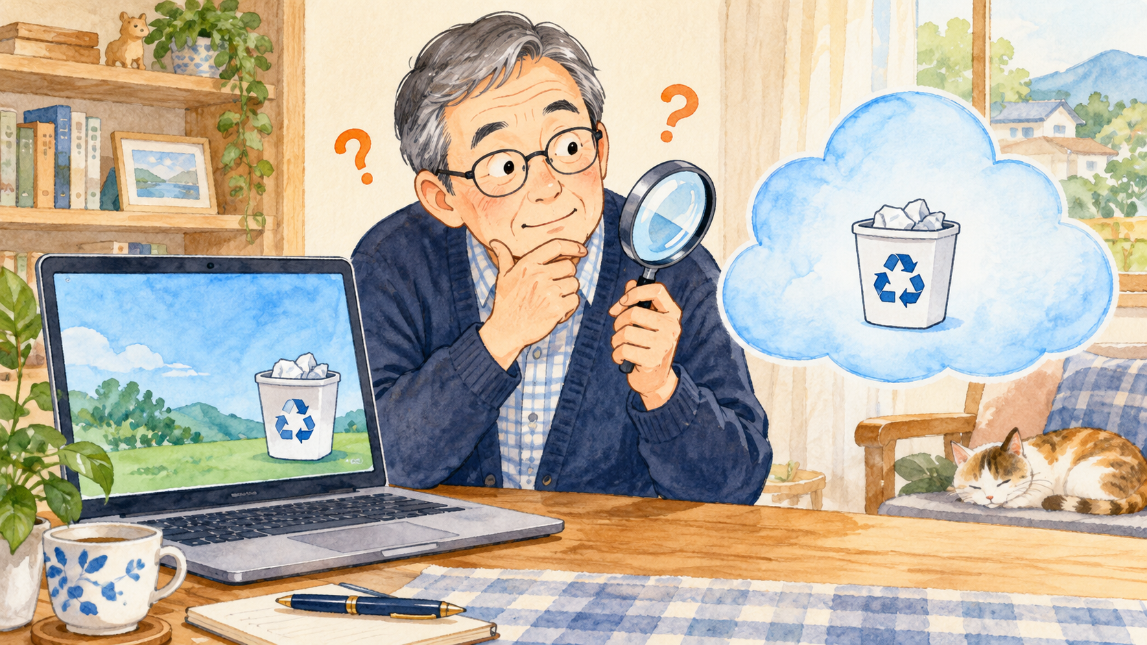 パソコンとクラウドには別々のごみ箱があることを示すイメージ