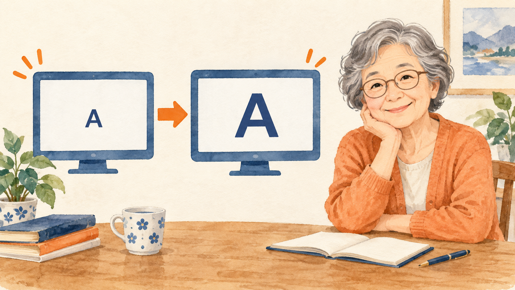 同じ大きさの画面の中で文字を大きくするイメージ