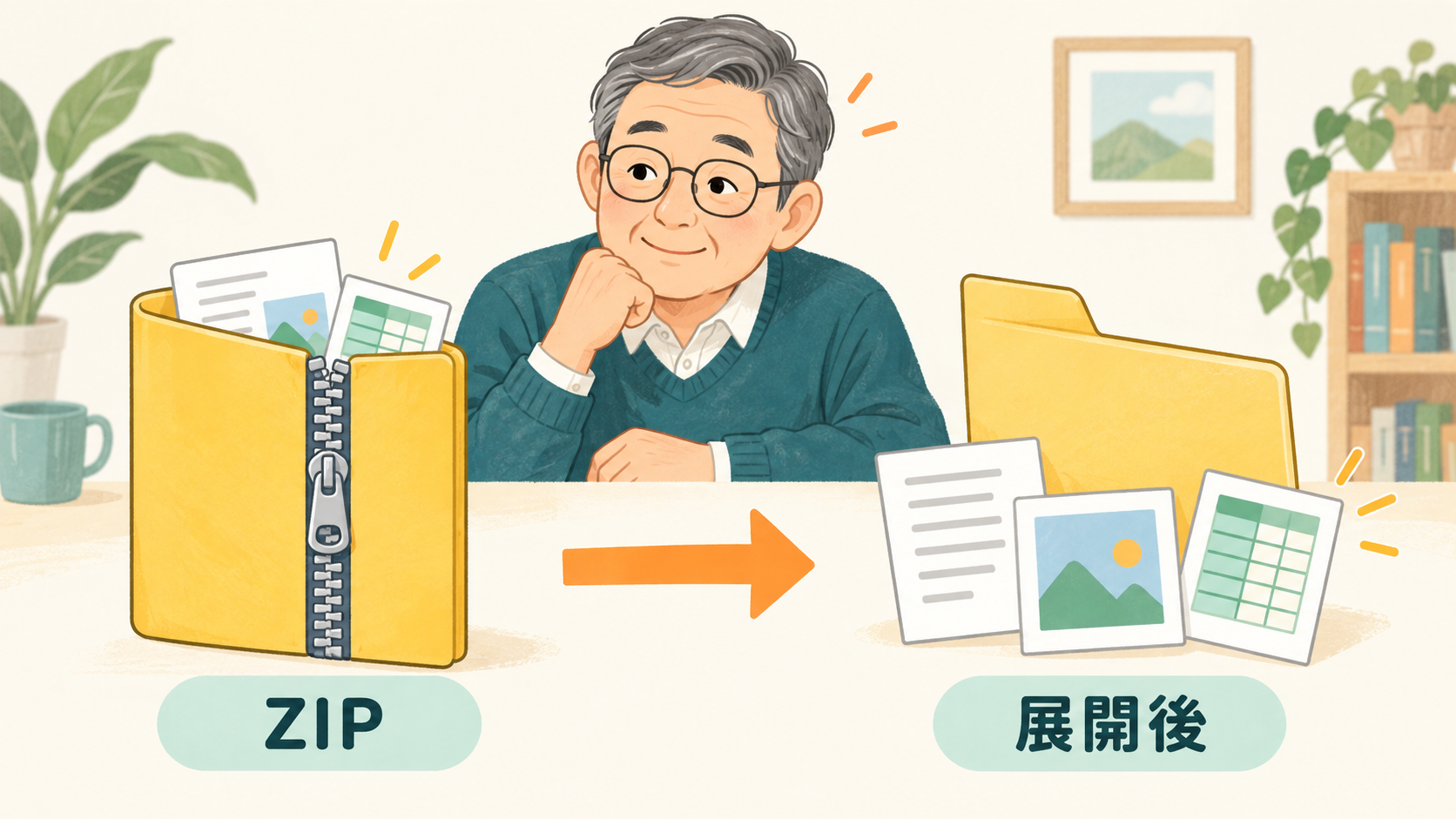 ZIPにまとまった書類を通常のフォルダーへ取り出すイメージ