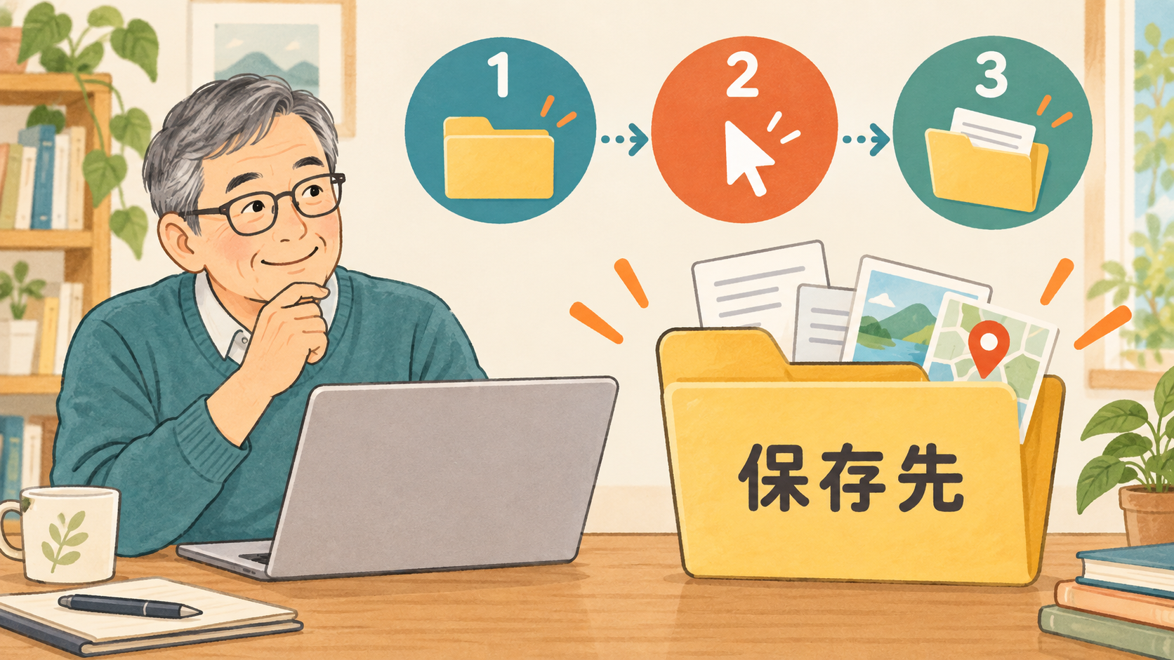 ファイルを探して保存先を選び展開後のフォルダーを開く流れのイメージ