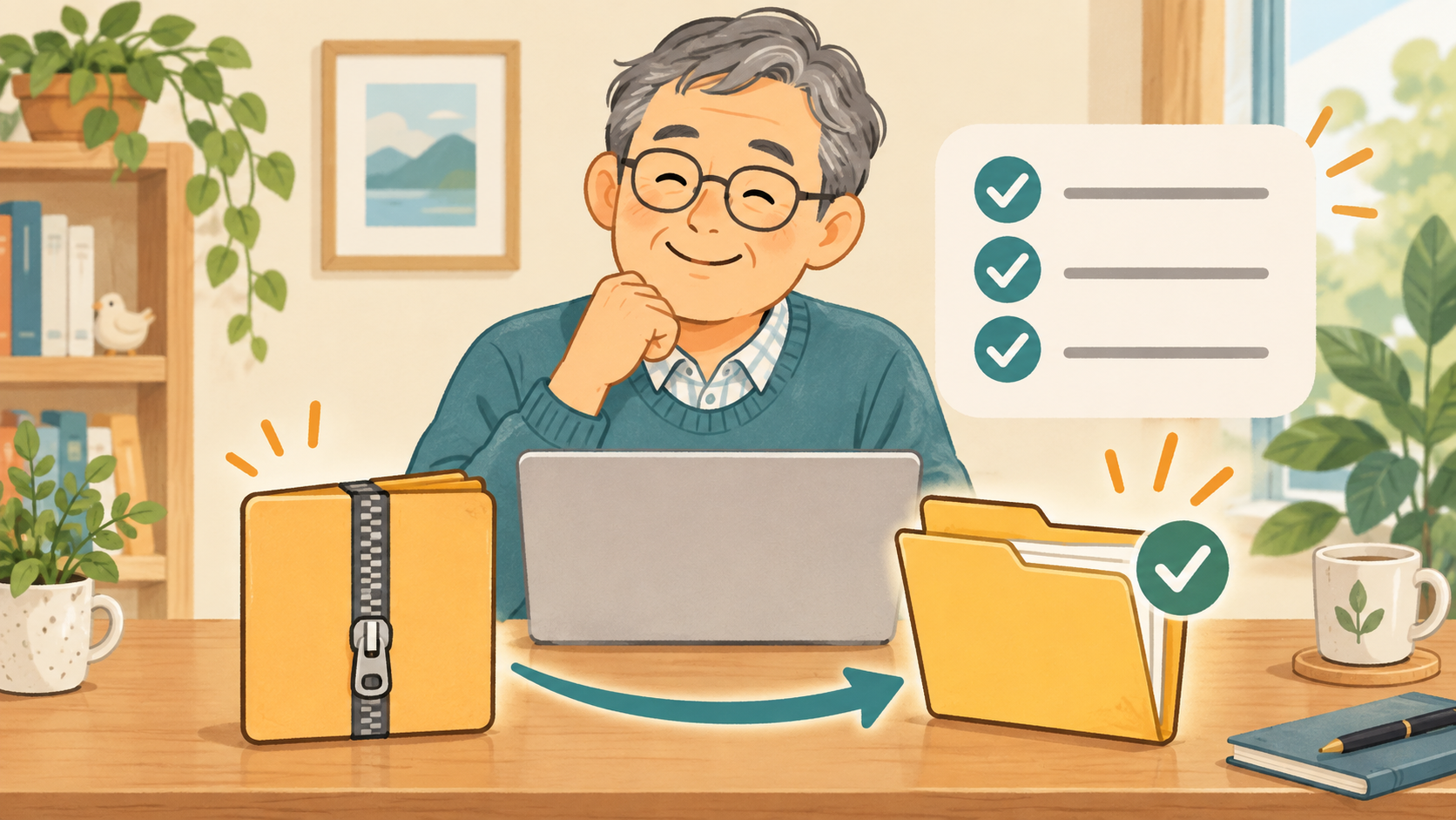 元のZIPと展開後のフォルダーを見分けて必要なファイルを確認するイメージ