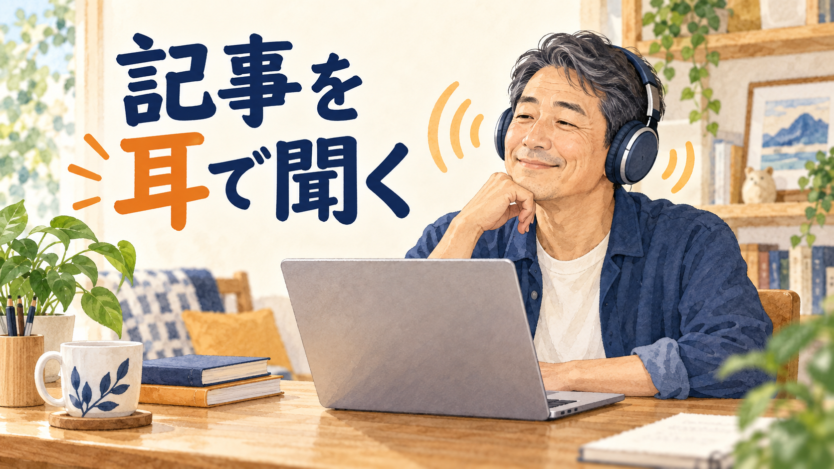 パソコンの記事をヘッドホンで聞くイメージ