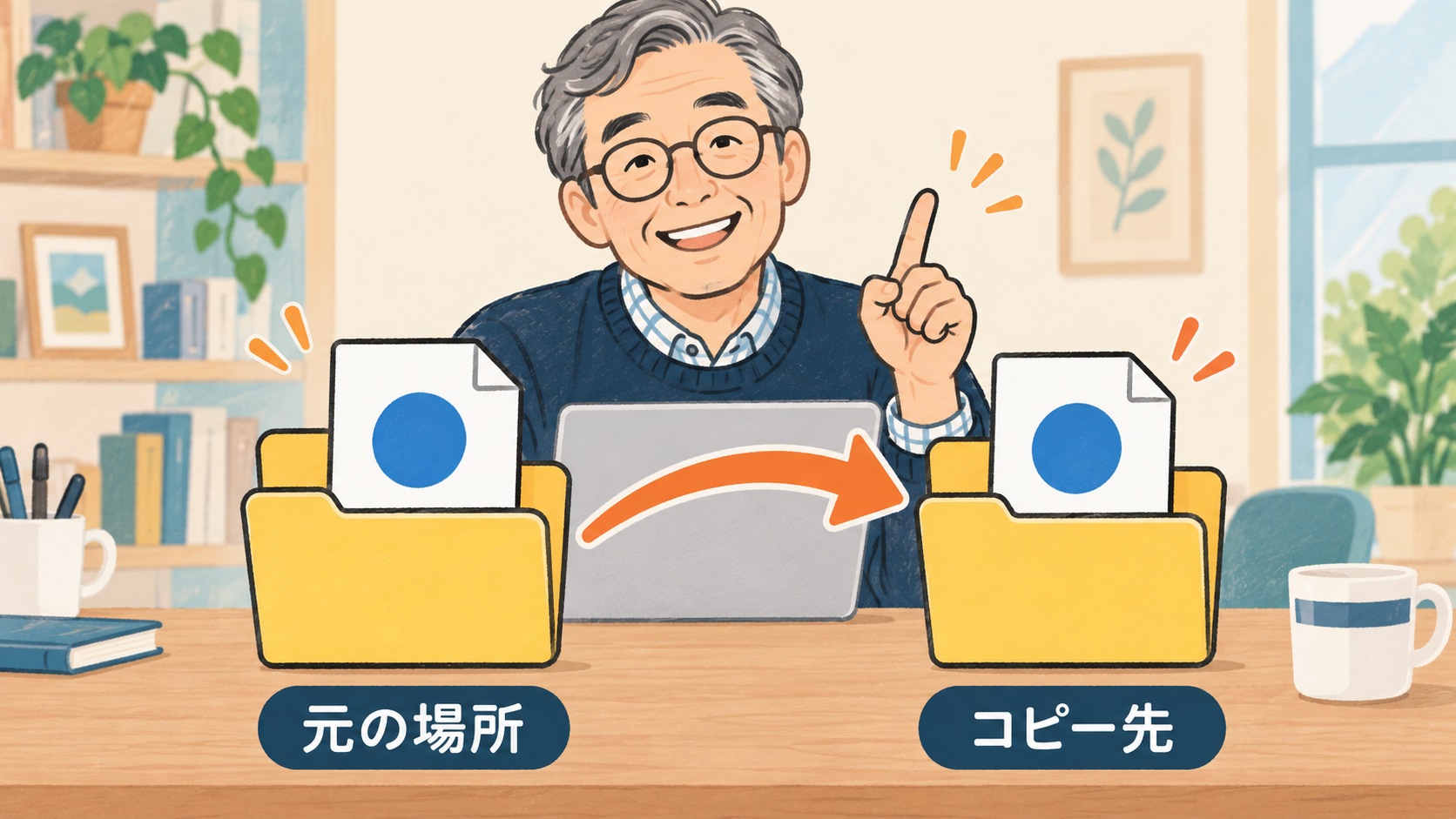 元の場所に書類を残しコピー先にも同じ書類を作るイメージ