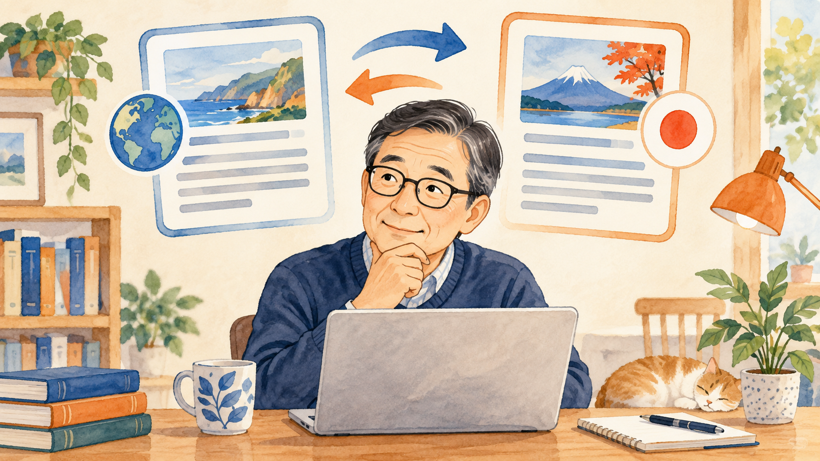 英語のページと日本語のページを見比べて翻訳を確認するイメージ