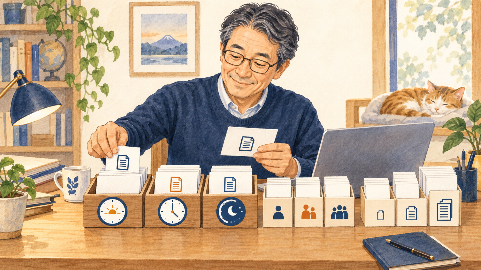 書類を日時や名前、サイズの違いで並べて整理するイメージ