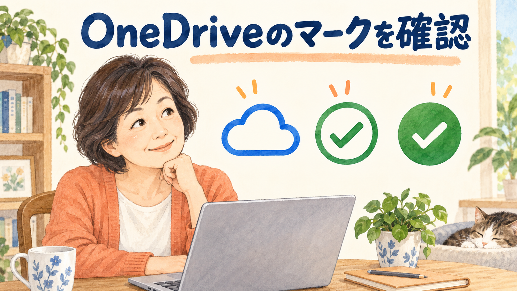 青い雲と二種類の緑のチェックを確認するOneDriveの保存状態のイメージ