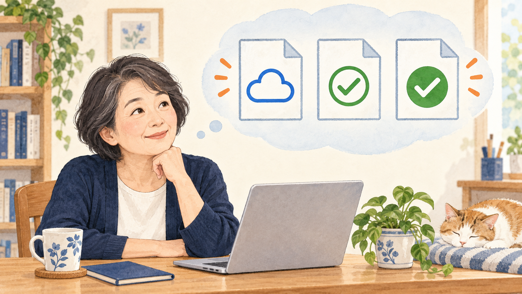 青い雲と二種類の緑のチェックを確認するOneDriveの保存状態のイメージ