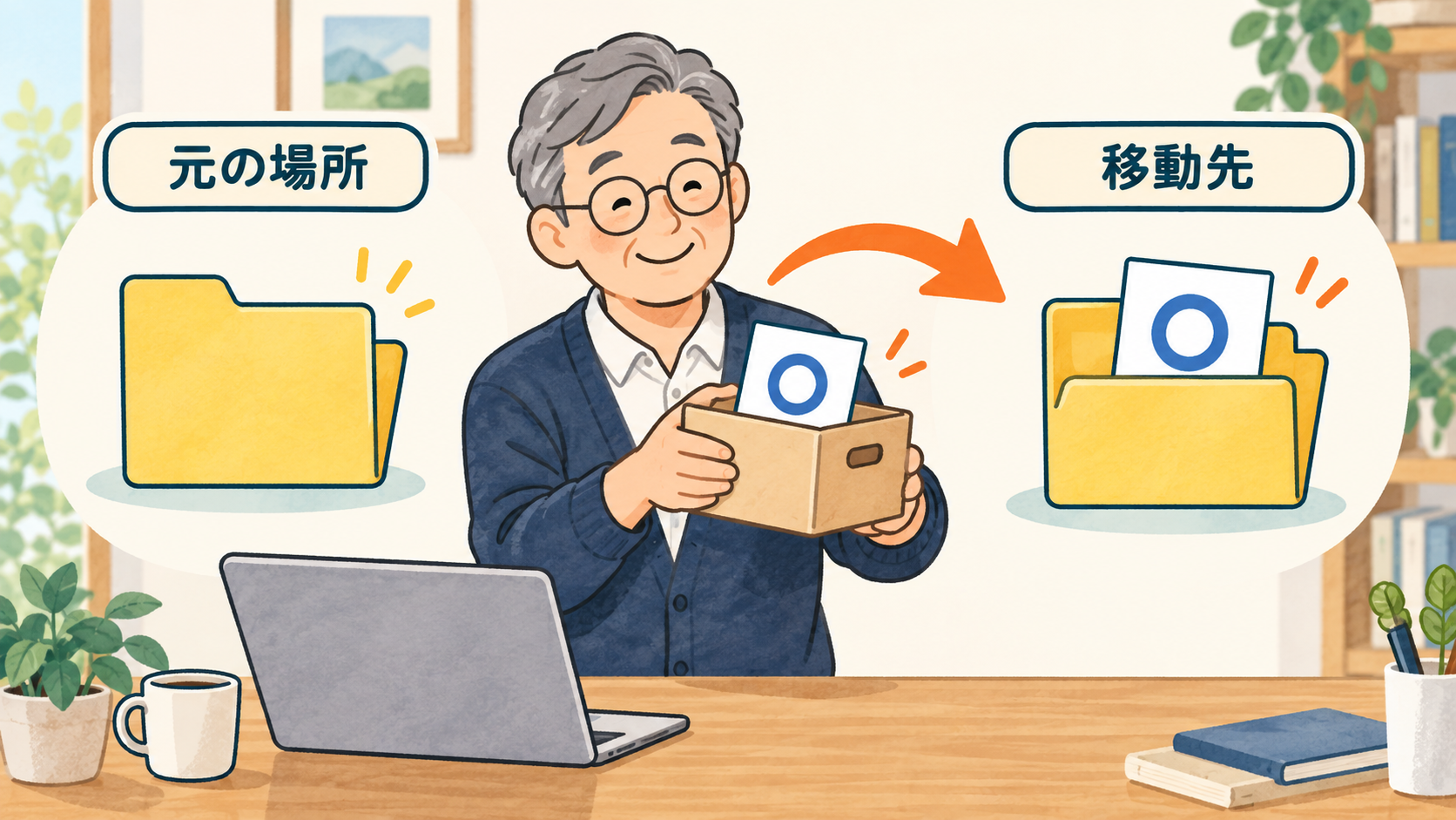 元のフォルダーから移動先のフォルダーへ書類の置き場所を変えるイメージ
