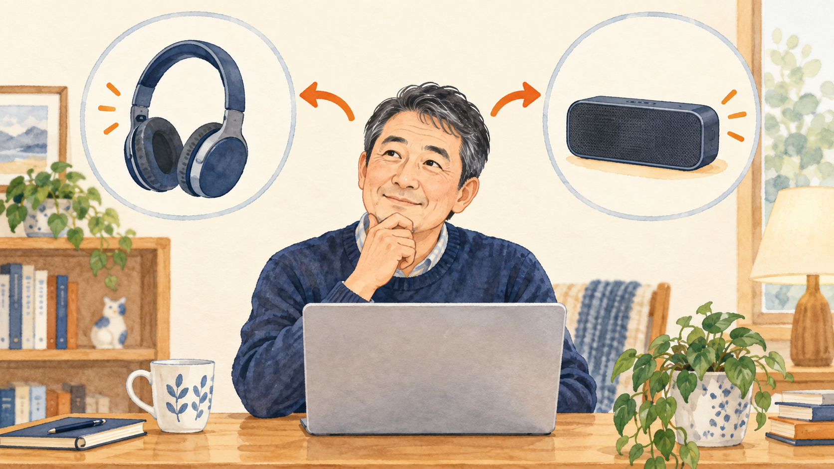 パソコンの音をスピーカーとヘッドホンのどちらから出すか選ぶイメージ