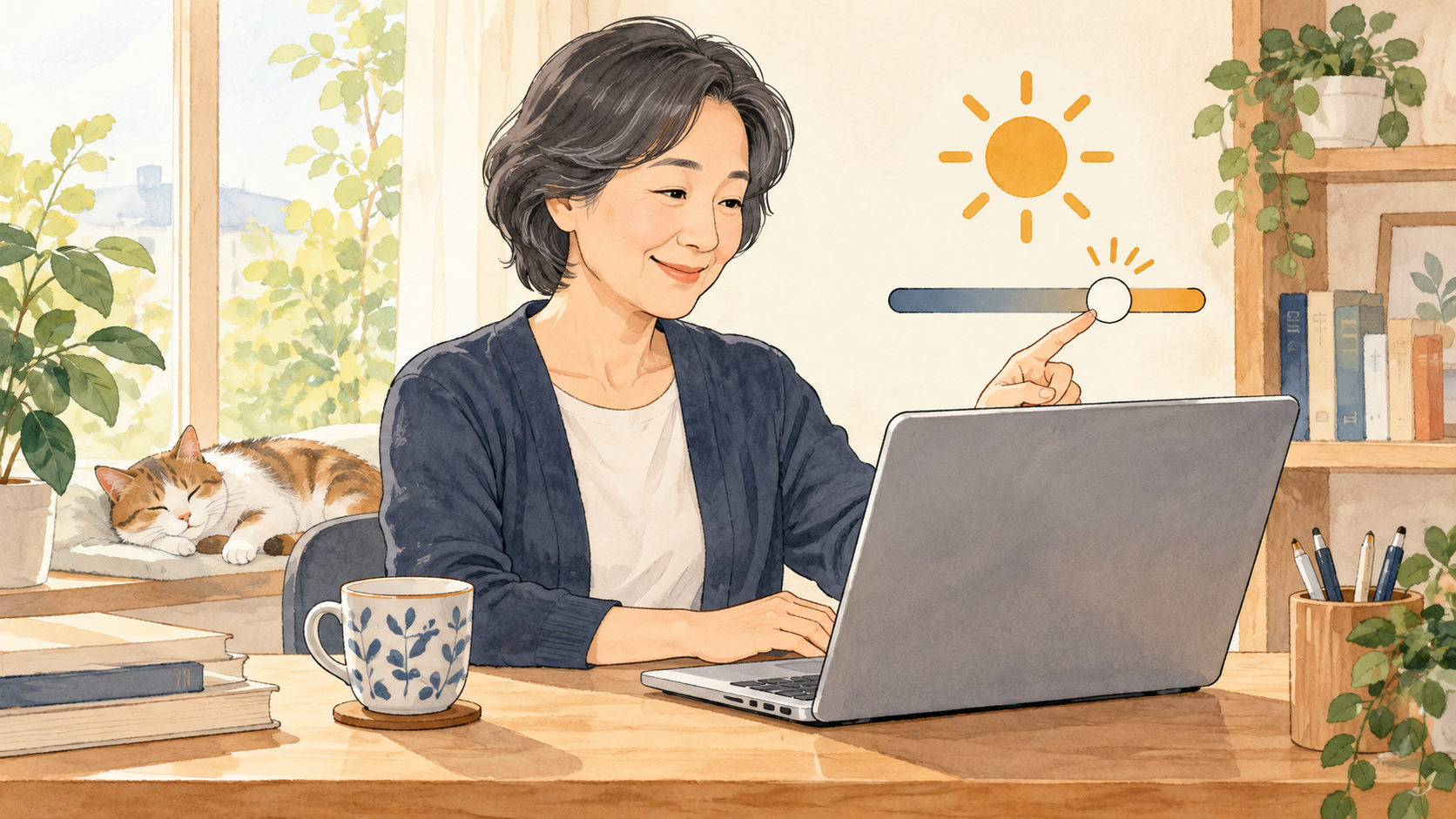 部屋に合わせてパソコン画面の明るさを少しずつ調整するイメージ