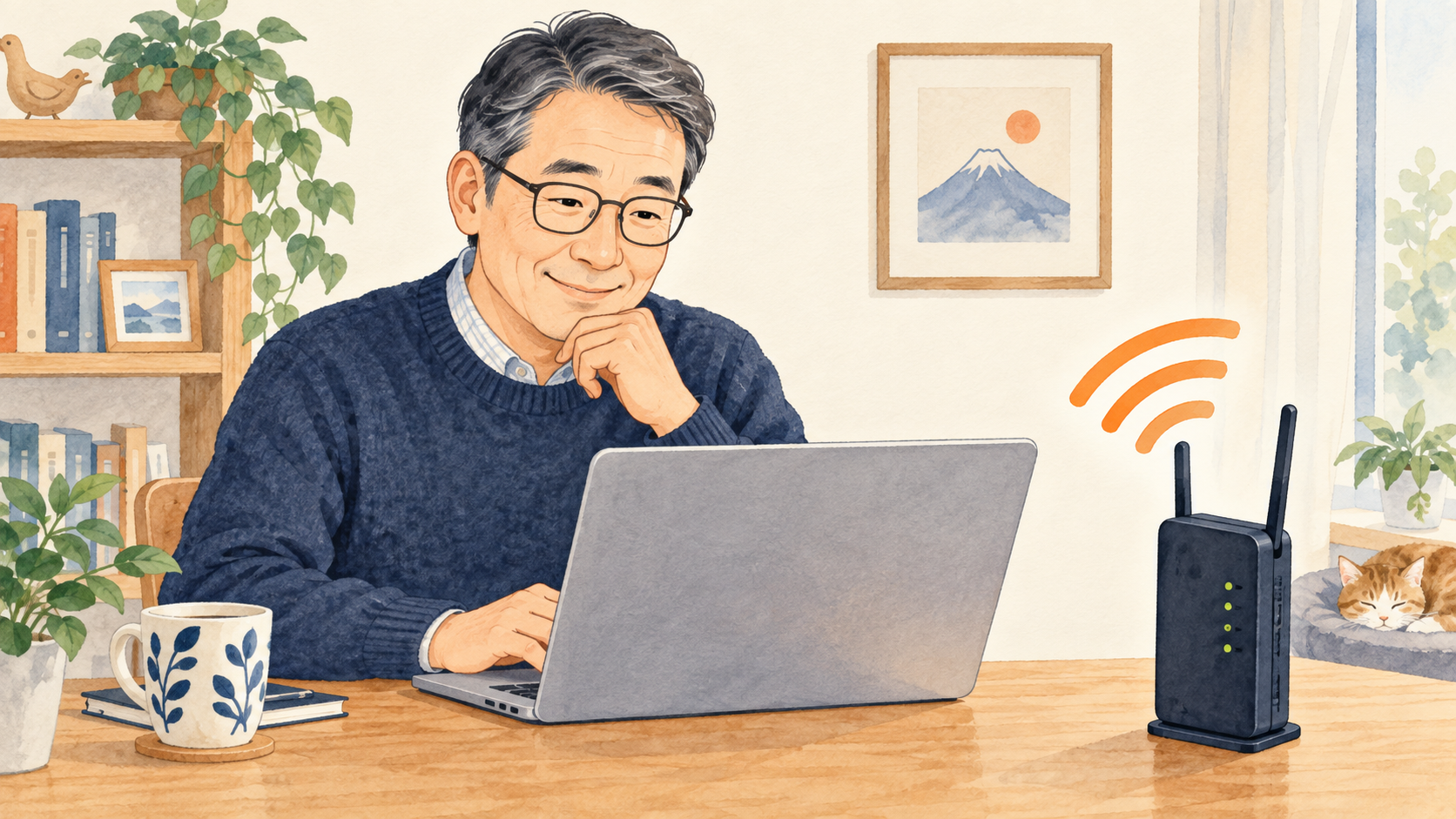 自宅のルーターとノートパソコンをWi-Fiで接続するイメージ