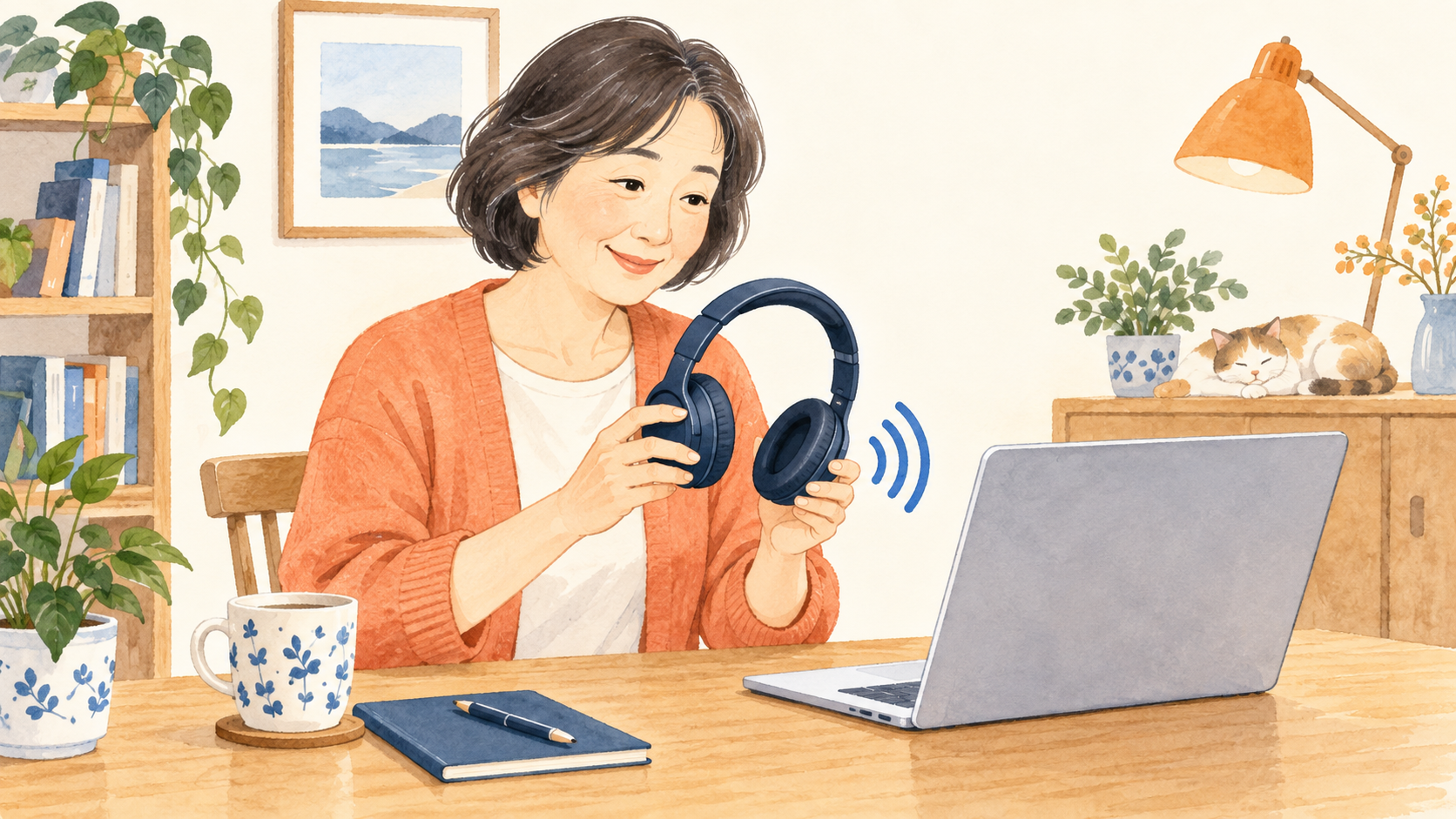 ワイヤレスイヤホンとパソコンを近くに置いて接続するイメージ