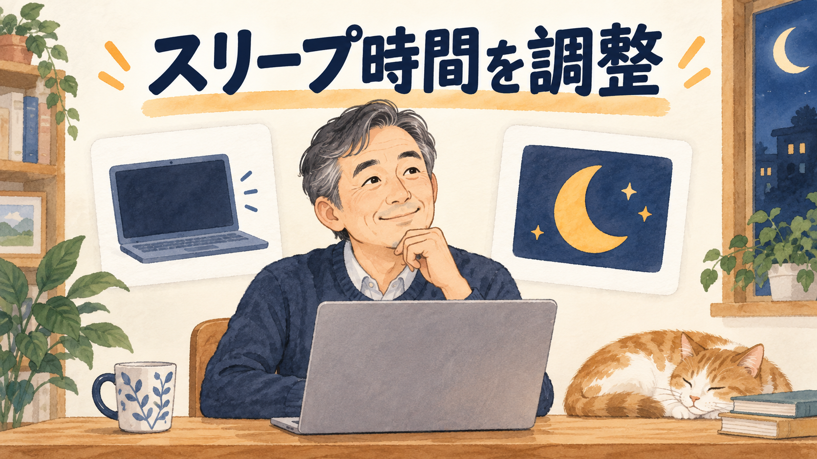 画面の消灯とスリープの時間を時計を見ながら調整するイメージ