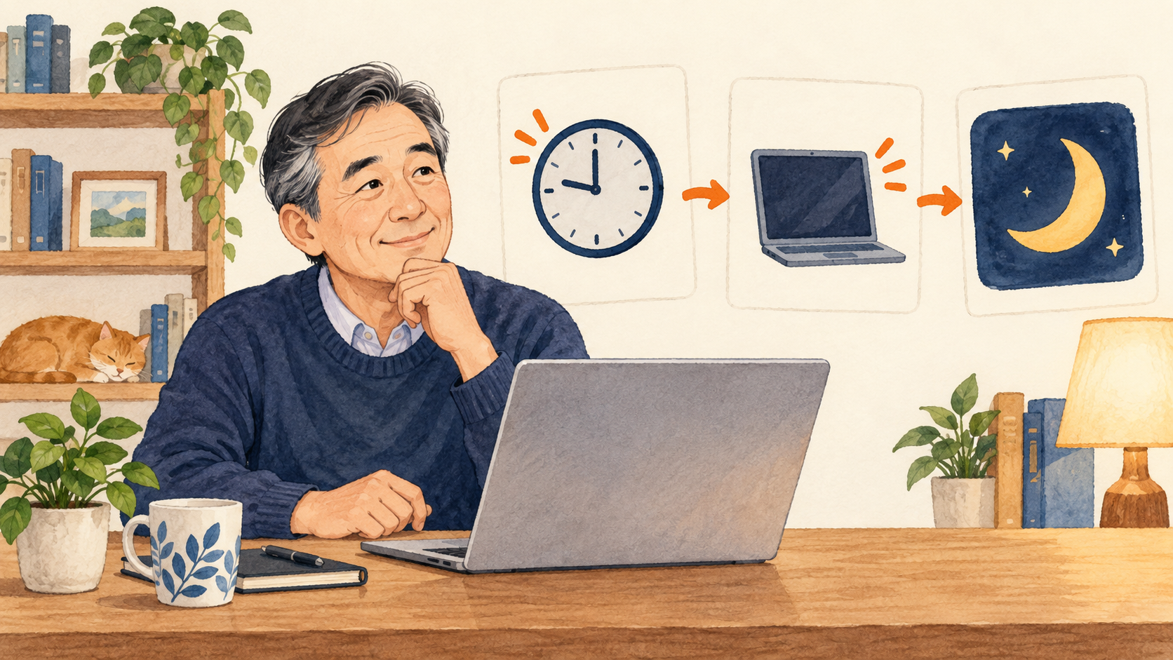 画面の消灯とスリープの時間を時計を見ながら調整するイメージ
