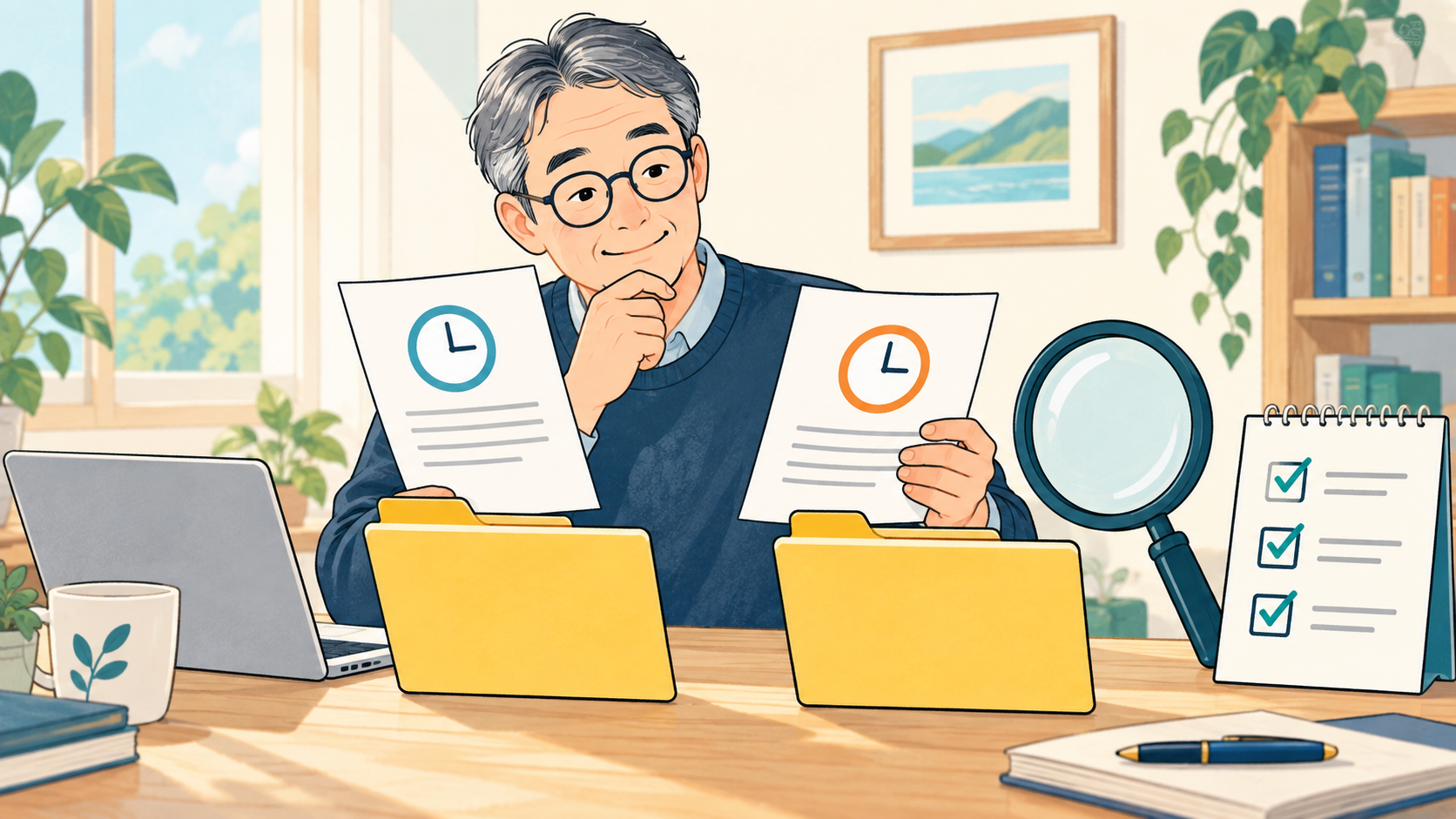 同じ名前の書類を置き換える前に内容を見比べるイメージ