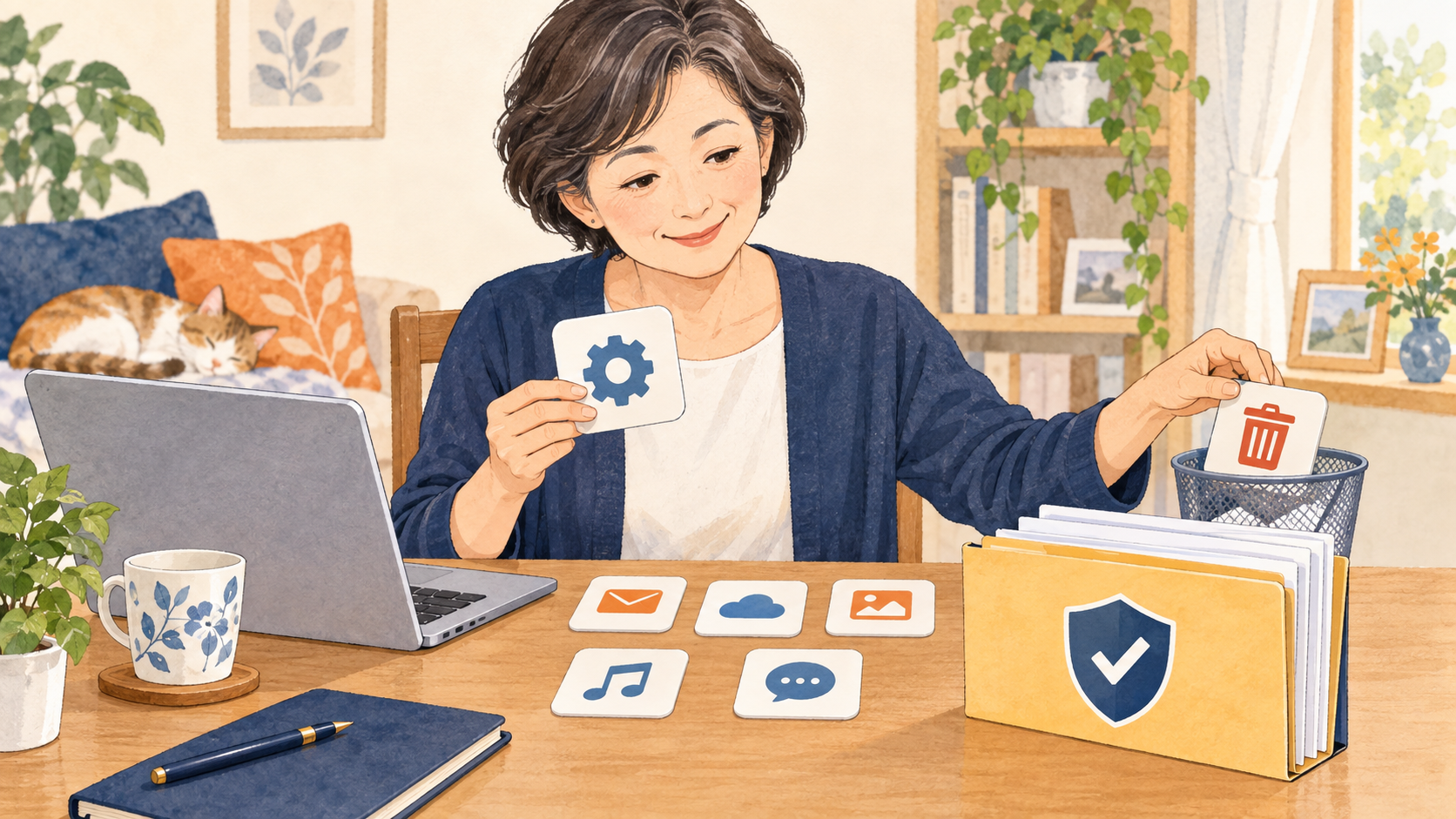 必要な文書を残しながら使わないアプリを一つずつ見直すイメージ