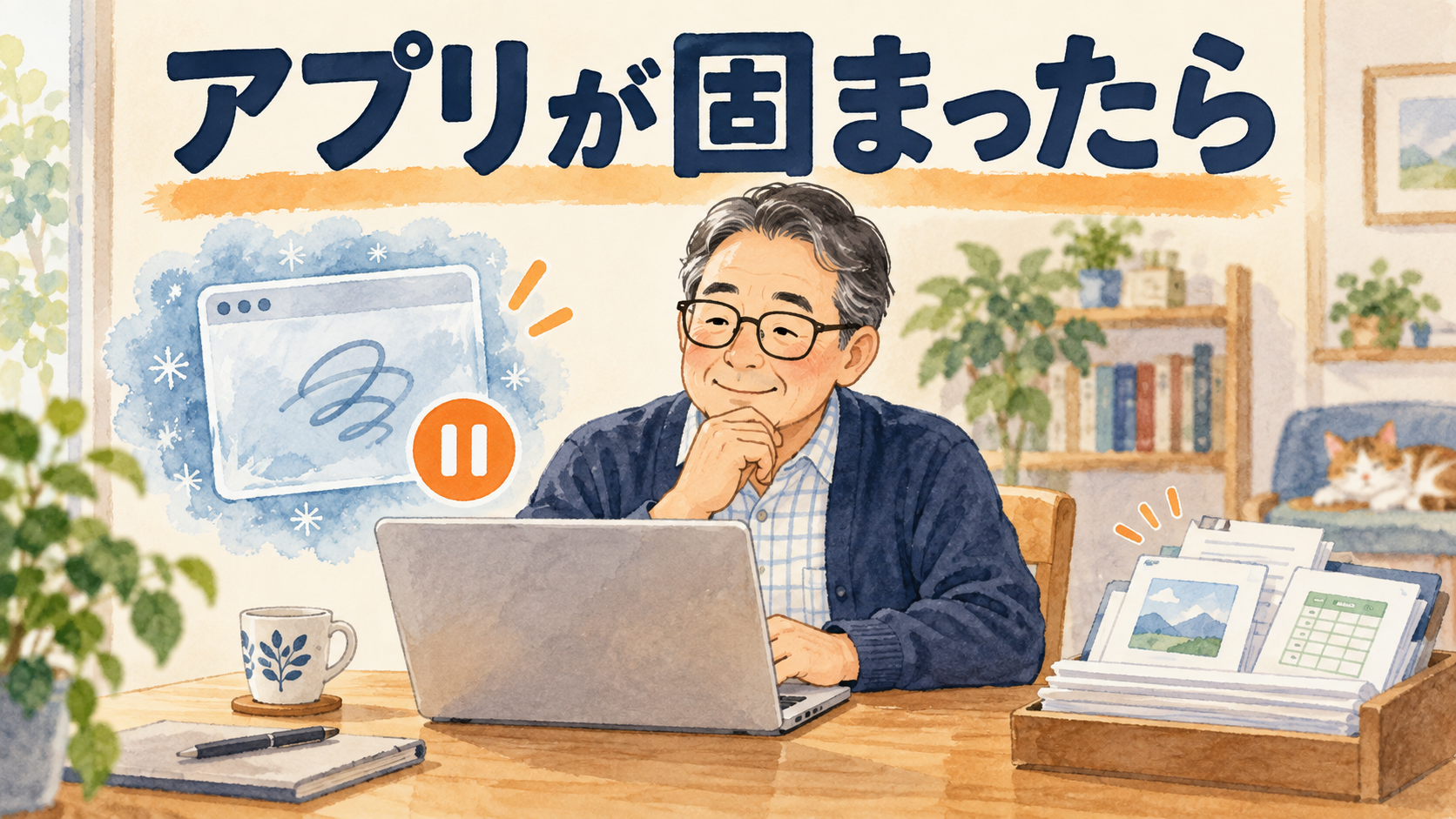 動かなくなったアプリを落ち着いて確認するパソコン利用者のイメージ
