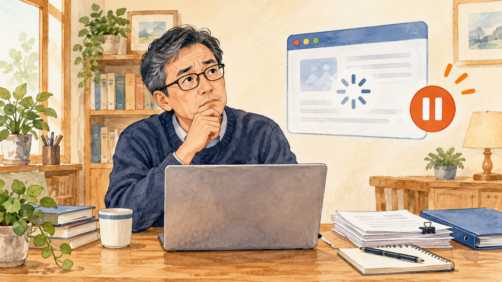 動かなくなったアプリを落ち着いて確認するパソコン利用者のイメージ